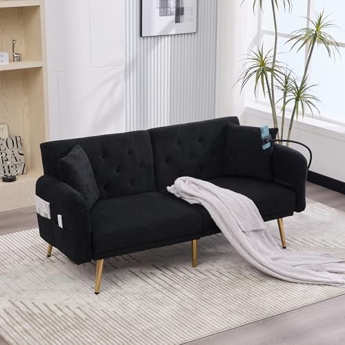 Sofa 2 Sitzer, Sofa mit Schlaffunktion, Schlafcouch, Verstellbarer Rückenlehne, Zwei USB-Anschlüsse, Handyhalter, Seitentasche, für Wohnzimmer, Schlafzimmer 173 * 78 * 78cm (Schwarz) von Ligterra