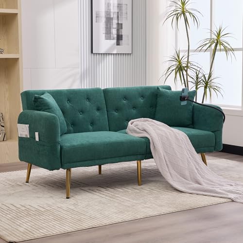 Sofa 2 Sitzer, Sofa mit Schlaffunktion, Schlafcouch, Verstellbarer Rückenlehne, Zwei USB-Anschlüsse, Handyhalter, Seitentasche, für Wohnzimmer, Schlafzimmer 173 * 78 * 78cm (Smaragdgrün) von Ligterra