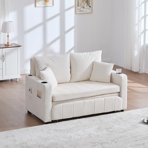 Sofa 2 sitzer,Sofa mit schlaffunktion ，Kleines Sofa mit USB-Ladefunktion Abnehmbarer Bezug waschbar,Platzsparendes Gästebett mit Aufbewahrungstasche（Beige） von Ligterra