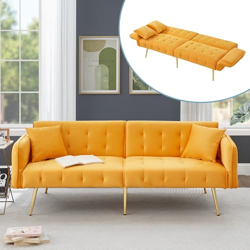 Sofa 2 sitzer ，sofa mit schlaffunktion， kleine sofa verstellbarer Rückenlehne Modernes Faltsofabett mit Veloursbezug und mehrstelligen Armlehnen - Großzügiger Schlafbereich für Wohnzimmer(Yellow ) von Ligterra