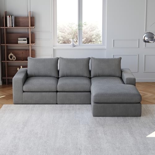 Sofa 3 Sitzer, Sofa L Form mit Schlaffunktion, Boneless Couch with Chaise, Cord-Sofa, mit DREI Kissen, Frei Kombinierbares, für Wohnzimmer, Schlafzimmer, 251×160×81cm (Dunkelgrau) von Ligterra