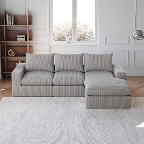 Sofa 3 Sitzer, Sofa L Form mit Schlaffunktion, Boneless Couch with Chaise, Cord-Sofa, mit DREI Kissen, Frei Kombinierbares, für Wohnzimmer, Schlafzimmer, 251×160×81cm (Hellgrau) von Ligterra