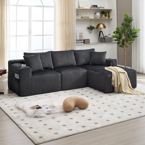 Sofa 3 Sitzer, Sofa L Form mit Schlaffunktion, Modulares Ecksofa, Weicher Cordbezug, mit 5 Kissen, Seitliche Taschen&Getränkehalter, für Wohnzimmer Apartment, 257 * 160 * 62cm (Grau) von Ligterra