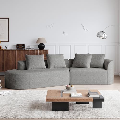 Sofa 4 Sitzer, Sofa mit Schlaffunktion, Ecksofa, Geschwungene Wolkencouch, Chenille, 4 Zierkissen, Frei Kombinierbares, für Wohnzimmer, Schlafzimmer, 294.4×91.4×81.2cm (Hellgrau) von Ligterra