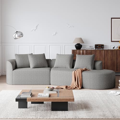 Sofa 4 Sitzer, Sofa mit Schlaffunktion, Ecksofa, Geschwungene Wolkencouch, Chenille, 4 Zierkissen, Frei Kombinierbares, für Wohnzimmer, Schlafzimmer, 294.4×91.4×81.2cm (Hellgrau) von Ligterra