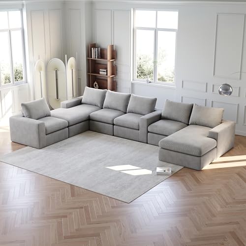 Sofa 6 Sitzer, Sofa L Form mit Schlaffunktion, 2 Stück, Boneless Couch with Chaise, Cord-Sofa, mit DREI Kissen, Frei Kombinierbares, für Wohnzimmer, Schlafzimmer, 251×160×81cm (Hellgrau) von Ligterra