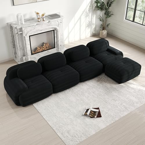 Sofa mit schlaffunktion，4-Sitzer Ecksofa mit Chaise Longue aus Frei Kombinierbar rutschfest 32D Hochelastische Polsterung Extra-breite Armlehnen Für Wohnzimmer & Heimkino Black von Ligterra