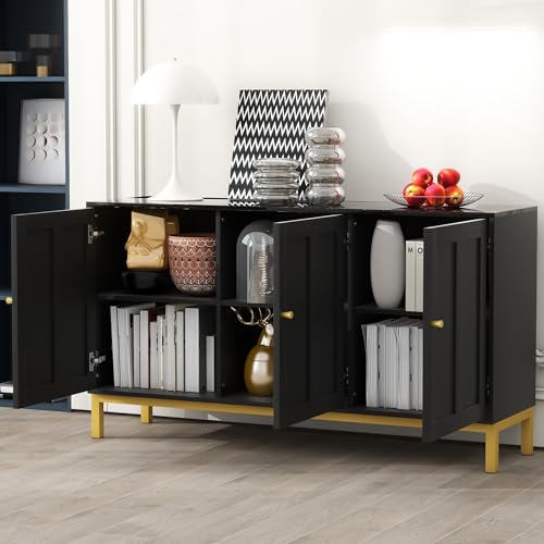 Stilvolles Elegantes 3-türiges Sideboard, Küchenschrank, Wohnzimmerschrank, mit Marmor-Tischplatte für Küche, Wohnzimmer und Esszimmer, 140 x 39.8 x 80cm (Schwarz) von Ligterra
