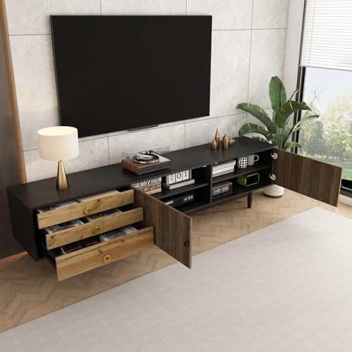 TV Schrank, TV-Lowboard, Fernsehschrank, Lowboard mit Türpaneelen mit Wasserwellenmuster und DREI Schubladen in Einem, Großer Stauraum, 180 * 38 * 50cm (Holz+Schwarz) von Ligterra