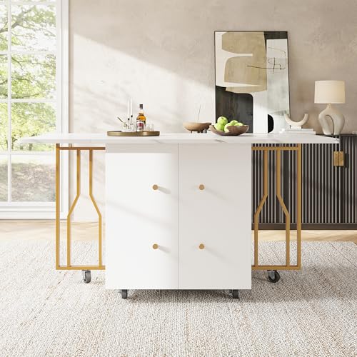 Tragbarer Esstisch, Klappbare Tischplatte, Marmorierte Tischplatte, Geeignet für Esszimmer, Wohnzimmer, Verstellbare Trennwände, Große Ablagefächer, 6 Rollen (2 feststellbar), Goldene Tischbeine von Ligterra