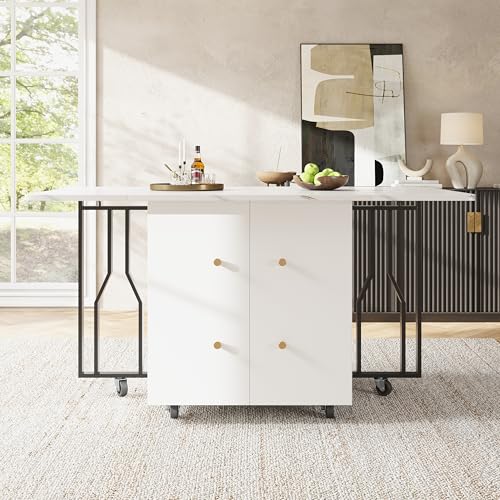 Tragbarer Esstisch, Klappbare Tischplatte, Marmorierte Tischplatte, Geeignet für Esszimmer, Wohnzimmer, Verstellbare Trennwände, Große Ablagefächer, 6 Rollen (2 feststellbar), Schwarze Tischbeine von Ligterra