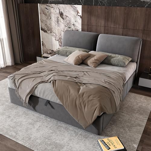 polsterbett 160x200 cm Velut gepolstertes mit mit 3 Schubladen & großem Stauraum - Lattenrost inklusive, Gray (ohne Matratze) von Ligterra