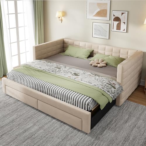 schlafsofa umwandelbar 3-in-1 zum Einzelbett & Doppelbett (90x190 cm), Multifunktionsbett mit Schubladen-Stauraum, Baumwolle-Leinen Bezug Beige, Verstellbarer Lattenrost - Matratze Nicht enthalten von Ligterra