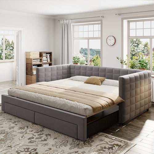 schlafsofa umwandelbar 3-in-1 zum Einzelbett & Doppelbett (90x190 cm), Multifunktionsbett mit Schubladen-Stauraum, Baumwolle-Leinen Bezug Grau, Verstellbarer Lattenrost - Matratze Nicht enthalten von Ligterra