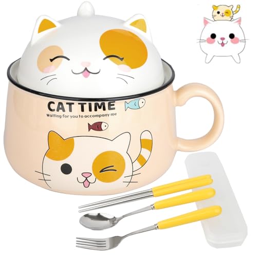 Müslischalen Ramen Schüssel Salatschalen mit Deckel und Henkel - 1020mL Keramik Schüssel Instant Nudelschale Suppenschale - Katze Pastaschüsseln Dessertschalen Nudeln Suppe Lunchbox für Kinder von Lihaian