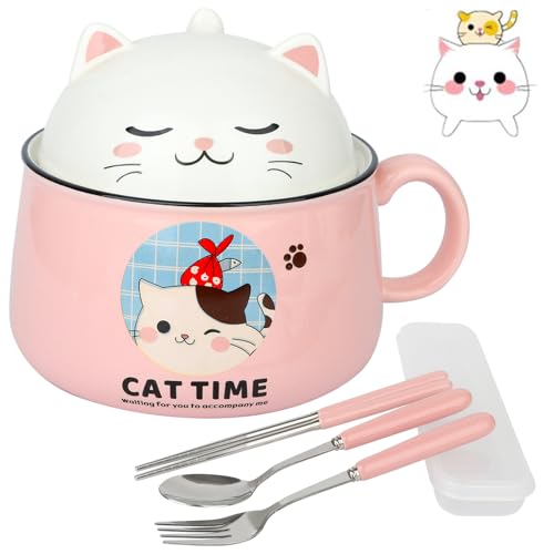 Müslischalen Ramen Schüssel Salatschalen mit Deckel und Henkel - 1020mL Keramik Schüssel Instant Nudelschale Suppenschale - Katze Pastaschüsseln Dessertschalen Nudeln Suppe Lunchbox für Kinder von Lihaian