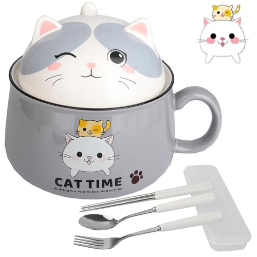 Müslischalen Ramen Schüssel Salatschalen mit Deckel und Henkel - 1020mL Keramik Schüssel Instant Nudelschale Suppenschale - Katze Pastaschüsseln Dessertschalen Nudeln Suppe Lunchbox für Kinder von Lihaian