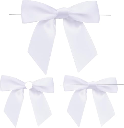 Lihetymg 50 Stück Weiß Schleifen Hochzeit Kleine Schleifen Selbstklebend Dekoschleifen mit Draht 9×8.5cm Fertige Geschenk Schleife Satinschleifen für Basteln Ästen für Geschenkverpackung, Basteln von Lihetymg