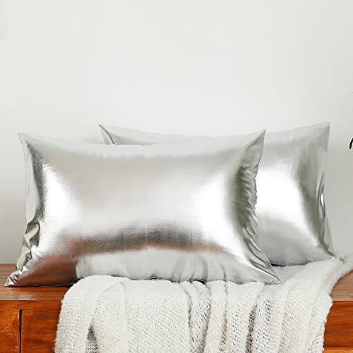 LiiZee 2 Stück Silber Lendenwirbelkissen Kissenbezug 30,5 x 50,8 cm Dekorative Moderne Metallic Glänzend Kissenbezug Kunstleder Weich Rechteck Kissenbezug für Sofa/Bett/Party von LiiZee