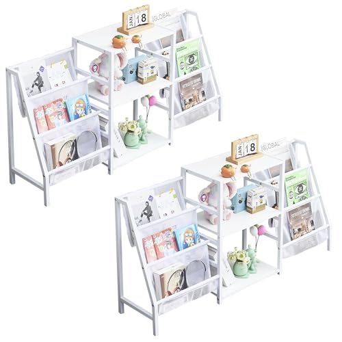 2er Set Bücherregal Kinder Weiß mit 3 Aufbewahrung und 6 Aufbewahrungstasche, Book Shelf Kinderregal Buchregal Regal für Kinderzimmer/Spielzimmer/Schlafzimmer/Buchhandlungen/Bibliotheken/132x30x69cm von Liink1Ga