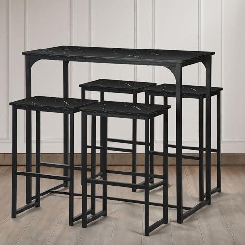 Liink1Ga Bistrotisch mit 4 Stühlen Bistro Set Bartisch mit Barhocker Set, Esstisch mit 4 Stühlen Kleiner Küchentisch Esszimmermöbel Esstisch Hocker Set für 4, Kunstmarmor in Schwarz von Liink1Ga