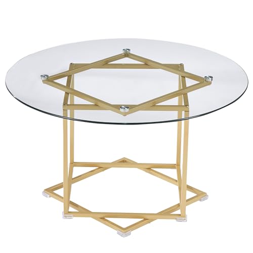 Liink1Ga Couchtisch Glastisch für Wohnzimmer, Runde Couchtische Modern Couch Beistelltisch Sofatisch Rund Stubentisch mit Champagnergoldenem Rahmen und Glasplatte(Gehärtetes Glas) von Liink1Ga