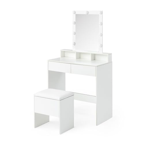 Liink1Ga Kleiner Schminktisch mit Spiegel und Beleuchtung Schublade Regal, Schminktisch Hochglanz Weiß Schmicktisch Schminkkommode Makeup Tisch Vanity Table Schlafzimmer Möbel,80x40x143cm,6in1-Design von Liink1Ga