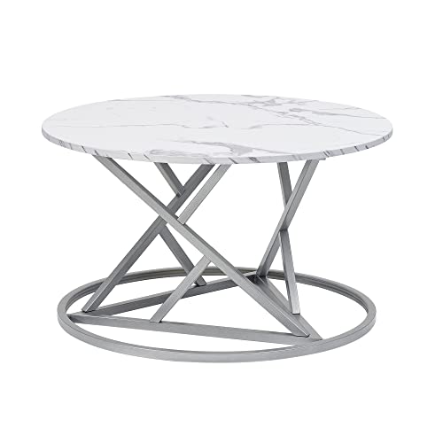 Liink1Ga Marmor Couchtisch Weiß Rund Marmor Tisch für Wohnzimmer, Modern Couch Beistelltisch Sofatisch Rund mit Silbernem Rahmen und Platte in Marmoroptik(Kunstmarmor) von Liink1Ga