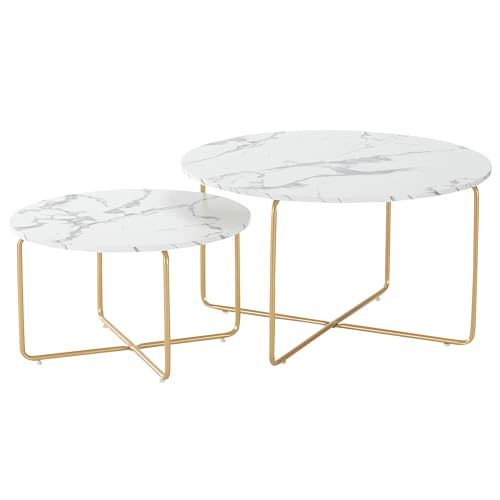 Liink1Ga Marmor Couchtisch Weiß Rund Marmor Tisch für Wohnzimmer, Couchtisch Rund 2er Set Couch Beistelltisch Sofatisch Rund mit Champagnergoldenem Rahmen(Kunstmarmor) von Liink1Ga