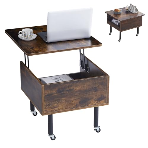 Moderner Quadratisch Couchtisch Höhenverstellbar und Ausziehbar/Stubentisch Kaffeetisch Tisch Couch Beistelltisch Kleiner Couchtisch mit Rollen&Stauraum/Wohnzimmertisch Dunkelbraun/55x55x50cm(BTH) von Liink1Ga