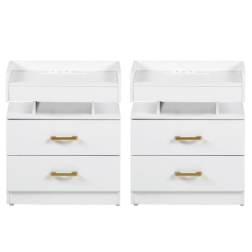 Nachtschränkchen Nachttisch mit LED und Ladefunktion, Schmal Nachtkasten/Beistelltisch/Nachtschrank Weiss/Nachttischschrank Klein mit Steckdose für Schlafzimmer 2er Set/Weiß/45x35x52.5cm(BTH) von Liink1Ga