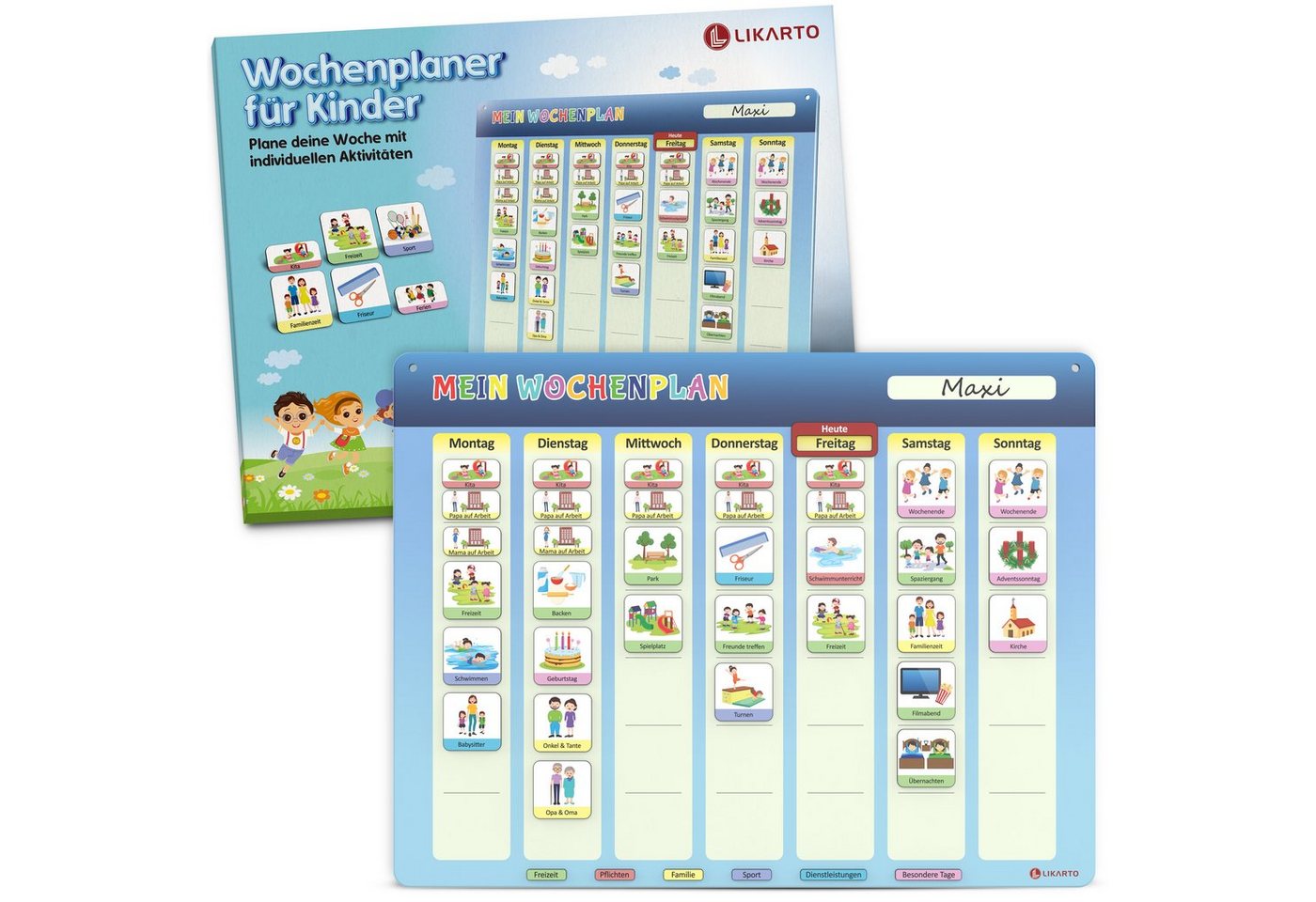 Likarto Magnettafel Magnetischer Wochenplaner für Kinder Montessori Planer mit 198 Magnete, Mit Kordel - Komplett beschreib- und abwischbar von Likarto