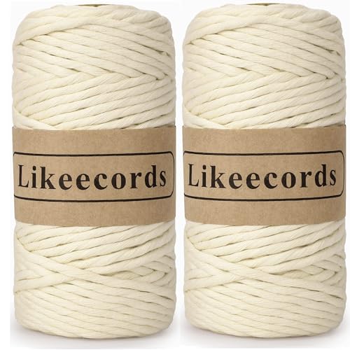 Likeecords 2 Rollen/Packung Single Twisted Makramee Garn 4mm x 80m, Makramee-Seil,Farbiges Makramee Schnur,Baumwollseil,Baumwoll-Bastelschnur zum Aufhängen, Pflanzenaufhänger, Basteln, Stricken von Likeecords