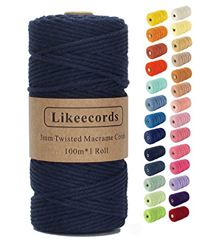 Likeecords Beige Makramee-Schnur, 3 mm x 110 Yards, farbiges Makramee-Seil, Baumwollseil, Makramee-Garn, Bunte Baumwollschnur, zum Aufhängen von Pflanzen, zum Basteln, Stricken(Dunkelblau) von Likeecords