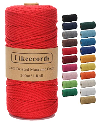 Likeecords Makramee Garn 2mm x 200m Baumwollgarn Makramee-Seil, Makramee-Schnur,Bunte Baumwoll-Bastelschnur zum Aufhängen Pflanzenaufhänger Basteln Stricken （Rot） von Likeecords