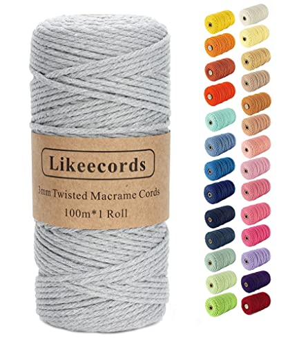 Likeecords Beige Makramee-Schnur 3 mm x 110 Yards, farbiges Makramee-Seil, Baumwollseil, Makramee-Garn, bunte Baumwoll-Bastelschnur zum Aufhängen, Pflanzenaufhänger, Basteln, Stricken (hellgrau) von Likeecords