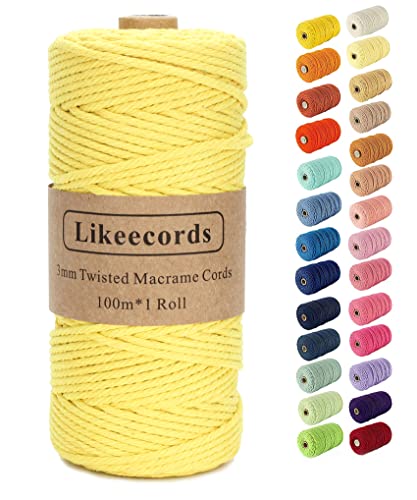 Likeecords Makramee Garn 3mm x 100m Baumwollgarn Makramee-Seil, Makramee-Schnur,Bunte Baumwoll-Bastelschnur zum Aufhängen Pflanzenaufhänger Basteln Stricken (gelb) von Likeecords