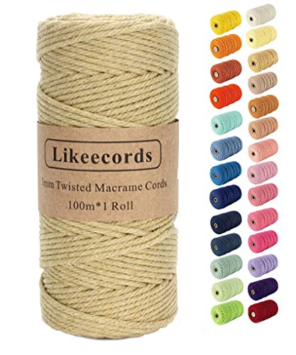 Likeecords Makramee Garn 3mm x 100m Baumwollgarn Makramee-Seil, Makramee-Schnur,Bunte Baumwoll-Bastelschnur zum Aufhängen Pflanzenaufhänger Basteln Stricken (Khaki) von Likeecords