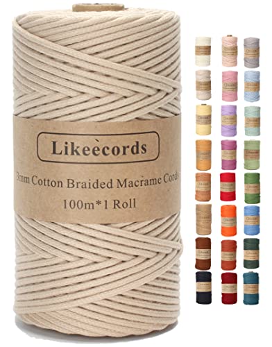 Likeecords Makramee Garn Geflochten 3mm x 100m,100% Natürliches Baumwollschnur Makramee-Schnur, Makramee-Seil, bunte Bastelkordel aus Baumwolle für Taschen, Wandbehänge, Pflanzenaufhänger (Aprikose) von Likeecords