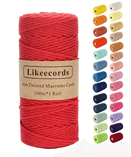 Likeecords Makramee-Schnur, 3 mm x 110 Yards, farbiges Makramee-Seil, Baumwollseil, Makramee-Garn, Bunte Baumwollschnur, zum Aufhängen von Pflanzen, zum Basteln, Stricken(Rot) von Likeecords