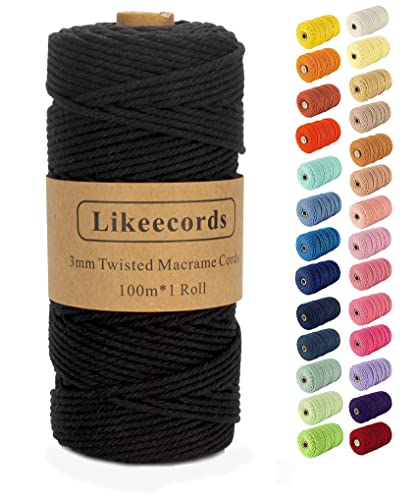 Likeecords Makramee-Schnur, 3 mm x 110 Yards, farbiges Makramee-Seil, Baumwollseil, Makramee-Garn, Bunte Baumwollschnur, zum Aufhängen von Pflanzen, zum Basteln, Stricken(schwarz) von Likeecords