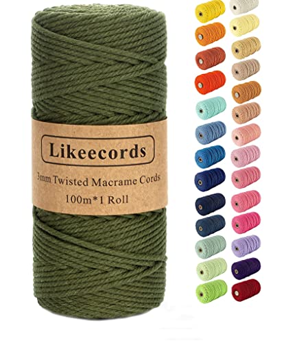 Likeecords Makramee-Schnur, 3 mm x 110 Yards, farbiges Makramee-Seil, Baumwollseil, Makramee-Garn, Bunte Baumwollschnur, zum Aufhängen von Pflanzen, zum Basteln, Stricken (Armeegrün) von Likeecords