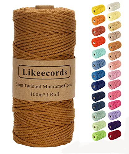 Likeecords Makramee-Schnur, 3 mm x 110 Yards, farbiges Makramee-Seil, Baumwollseil, Makramee-Garn, Bunte Baumwollschnur, zum Aufhängen von Pflanzen, zum Basteln, Stricken (Braun) von Likeecords