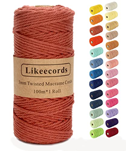 Likeecords Makramee-Schnur, 3 mm x 110 Yards, farbiges Makramee-Seil, Baumwollseil, Makramee-Garn, Bunte Baumwollschnur, zum Aufhängen von Pflanzen, zum Basteln, Stricken (Rostig) von Likeecords