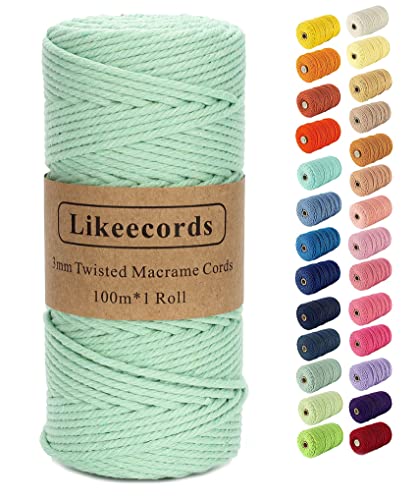 Likeecords Makramee-Schnur, 3 mm x 110 Yards, farbiges Makramee-Seil, Baumwollseil, Makramee-Garn, Bunte Baumwollschnur, zum Aufhängen von Pflanzen, zum Basteln, Stricken (hellgrün) von Likeecords