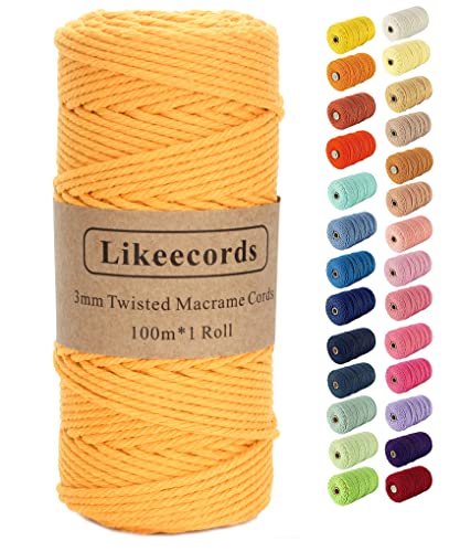 Likeecords Makramee-Schnur, 3 mm x 110 Yards, farbiges Makramee-Seil, Baumwollseil, Makramee-Garn, Bunte Baumwollschnur, zum Aufhängen von Pflanzen, zum Basteln, Stricken(Golden) von Likeecords