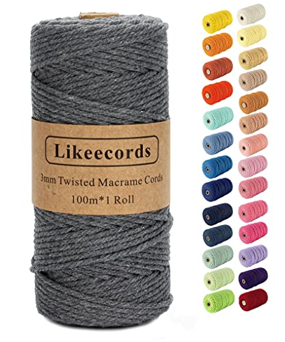 Likeecords Makramee-Schnur, 3 mm x 110 Yards, farbiges Makramee-Seil, Baumwollseil, Makramee-Garn, Bunte Baumwollschnur, zum Aufhängen von Pflanzen, zum Basteln, Stricken (dunkelgrau) von Likeecords