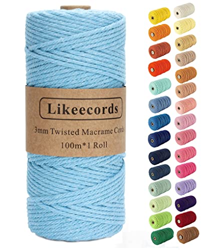 Likeecords Makramee-Schnur, 3 mm x 110 Yards, farbiges Makramee-Seil, Baumwollseil, Makramee-Garn, Bunte Baumwollschnur, zum Aufhängen von Pflanzen, zum Basteln, Stricken (hellblau) von Likeecords