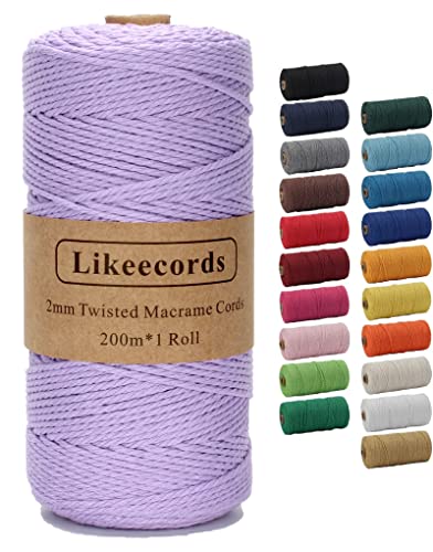 Likeecords Makramee Garn 2mm x 200m Baumwollgarn Makramee-Seil, Makramee-Schnur,Bunte Baumwoll-Bastelschnur zum Aufhängen Pflanzenaufhänger Basteln Stricken (Hellviolett) von Likeecords