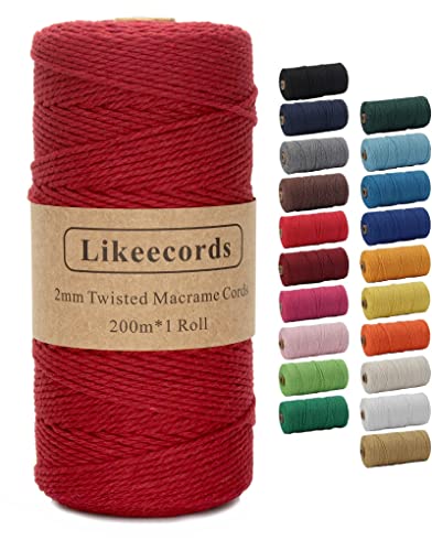 Likeecords Makramee-Schnur 2 mm x 220 Yards, farbiges Makramee-Seil, Baumwollseil, Makramee-Garn, Bunte Baumwoll-Bastelschnur zum Aufhängen, Pflanzenaufhänger, Basteln, Stricken () von Likeecords